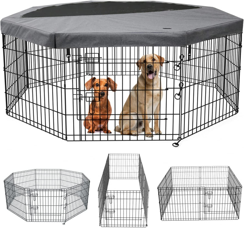 PETIME Foldable Metal Dog Exercise Pen with Bottom Pad - IndoorOutdoor 8 Panel 24x24 Pet Playpen Kennel Fence