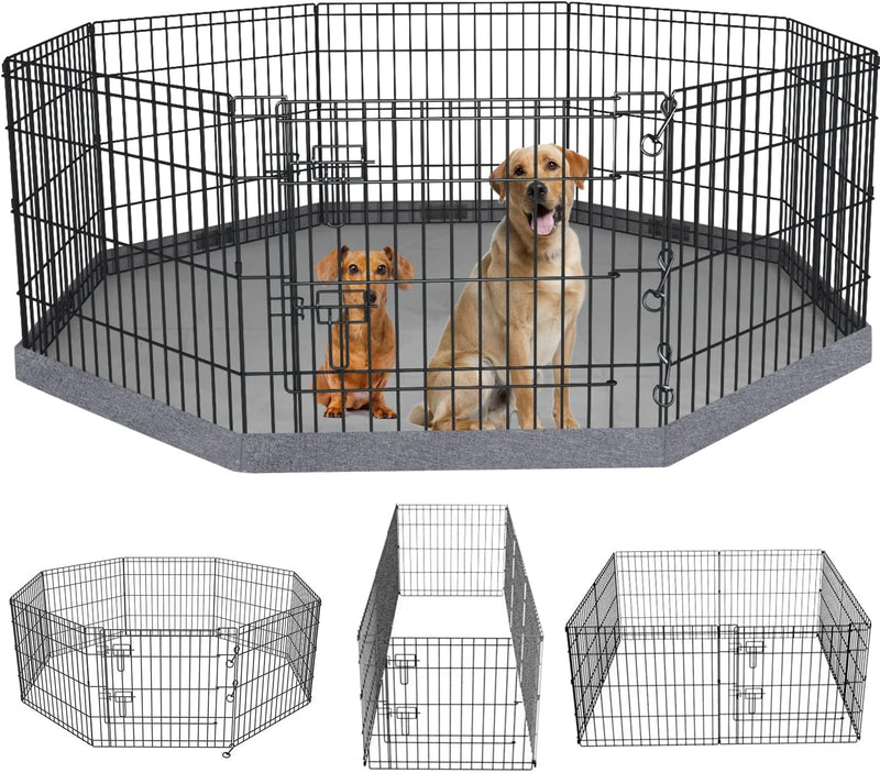 PETIME Foldable Metal Dog Exercise Pen with Bottom Pad - IndoorOutdoor 8 Panel 24x24 Pet Playpen Kennel Fence