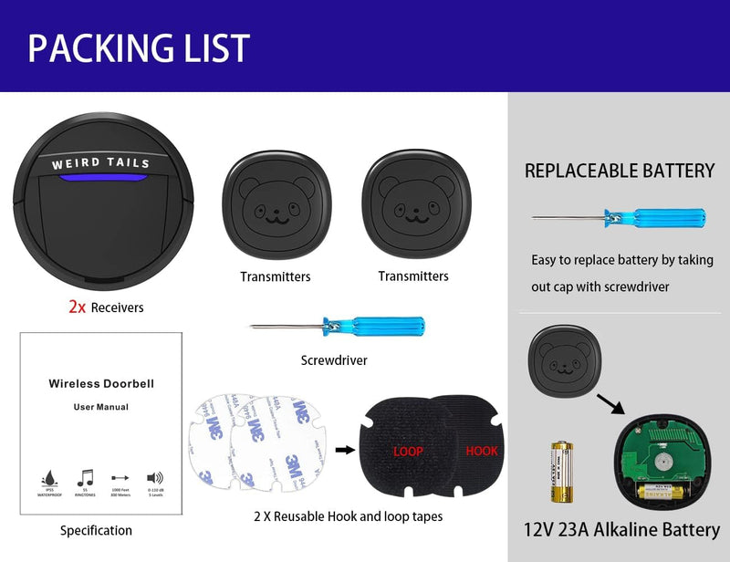 Wireless IP55 Waterproof Doorbell Set - 2 Receivers 2 Transmitters