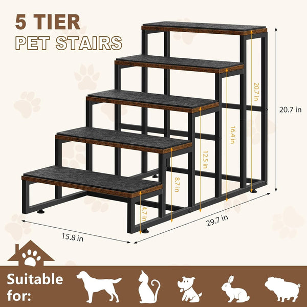 Grey Dog Stairs - 5 Tier Pet Steps for Small Medium  Large Dogs