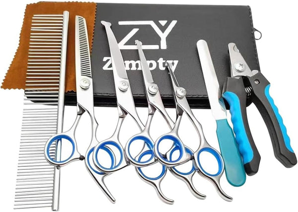 ZY356 7 Pieces Professional Curved, Thinning, Straight Scissors, Comb, Nail Clipper, and Nail File Assorted Kit for Pet Dogs & Cats, Dog Grooming Scissors Tool Kit with Safety round Tips