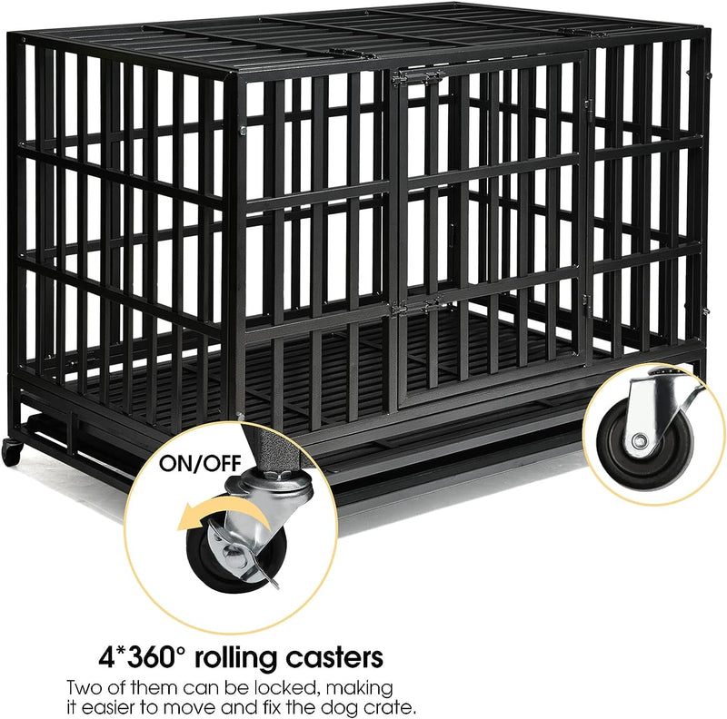 Heavy Duty Dog Kennel Crate Cage with Double Doors Lockable Wheels - XL Pet Playpen 48 Inch