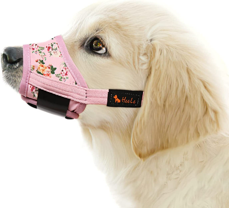 HEELE Dog Muzzle - Soft Nylon Air Mesh - Breathable  Adjustable - Pink Flowers - For Small Dogs