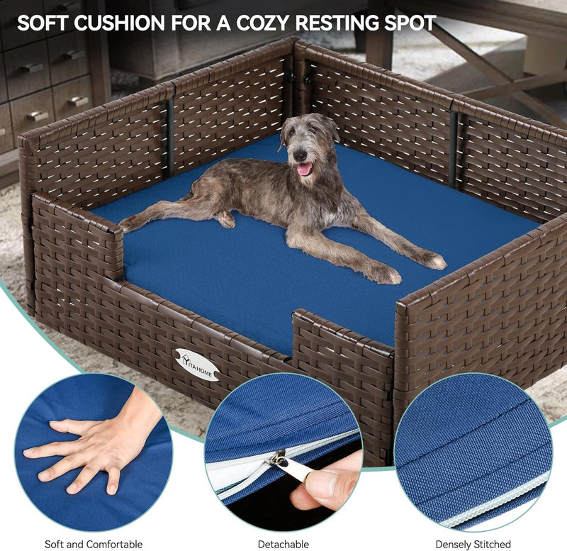 YITAHOME Blue Rattan Dog Bed - Water Resistant Pet Sofa for LargeSmall Dogs  Cats 386L264W15H