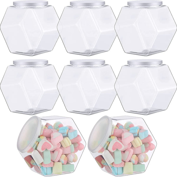 Yahenda 8 Pcs Hexagon Plastic Jars Cookie Jars with Airtight Lids Clear Candy Jar Wide round Mouth Snacks Dog Food Candy Containers Reusable Coffee Candy Display for Gifts and Storage (30 Oz)