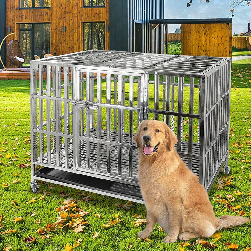 Heavy Duty Stainless Steel Dog Cage - 42 Crate  Playpen w Double Doors  Locks Lockable Wheels Removable Tray No Screws