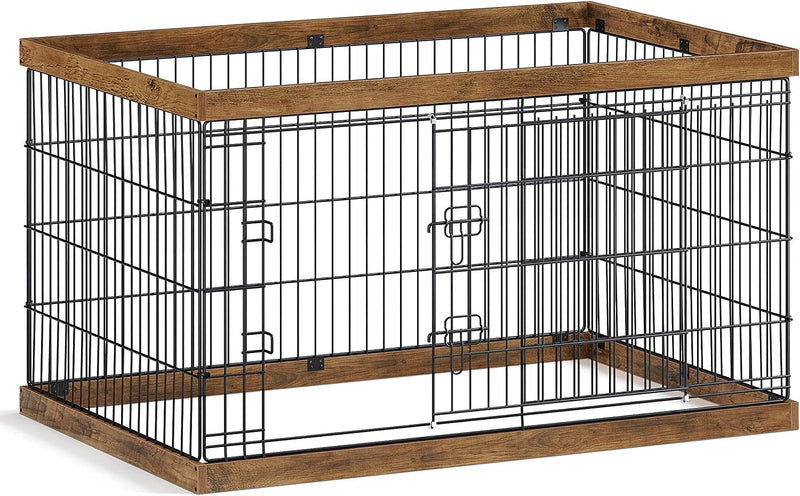 Feandrea Dog Playpen XXL - Sliding Door Playpen for Dogs and Rabbits Rustic WalnutBlack