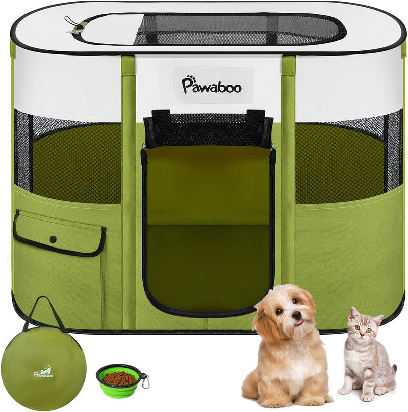 Pawaboo Portable Pet Playpen - Foldable Dog Tent Kennel for IndoorOutdoor - Free Carry Case  Bowl - For PuppyCatBunny - Green