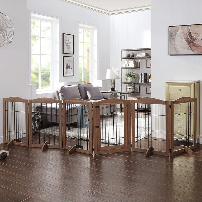 Extra Wide Dog Gate and Playpen with Door - Tall Fence for Dogs Cats and Babies - Walnut