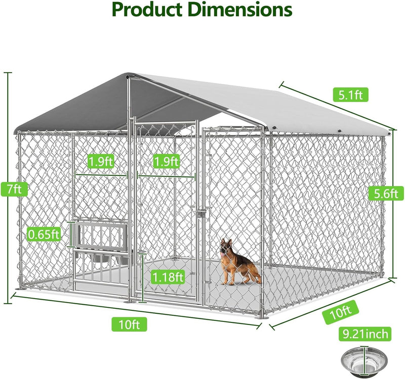 Outdoor Dog Kennel with Roof Feeding Doors and Bowl Holder - Large Chain Link Enclosure 96ft x 96ft x 7ft