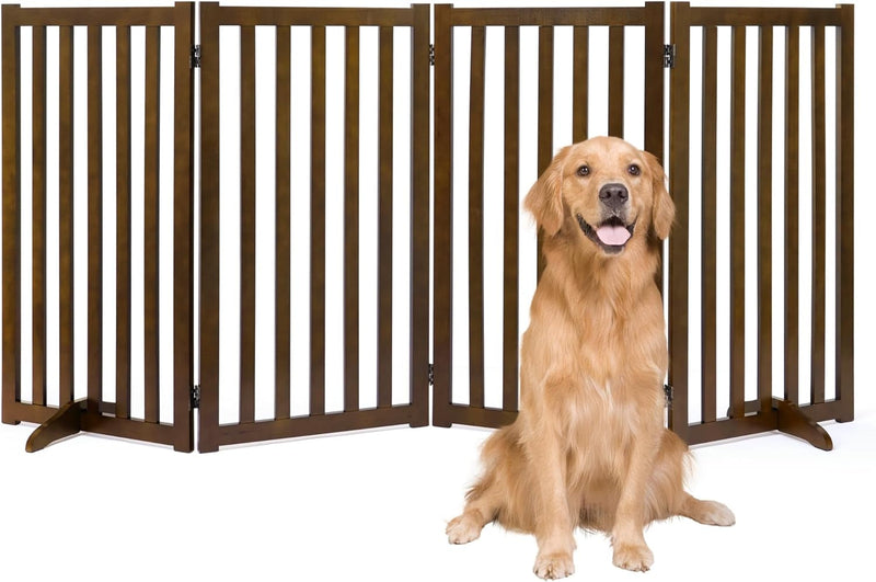 Freestanding Pet Gate - Tall Wood Safety Fence - Support Feet - 3 Panel Design - Walnut