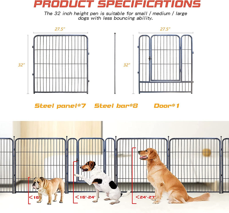 32-Inch Heavy Duty Dog Playpen - IndoorOutdoor 8 Panels - SilverGray