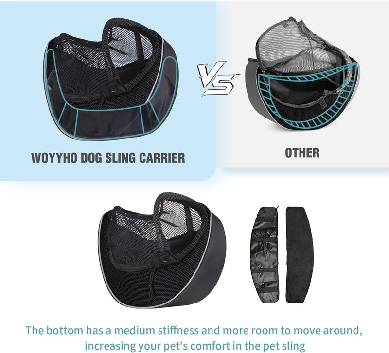 WOYYHO Pet Dog Sling Carrier Bottom Plate Adjustable Strap Design Puppy Sling for Small Dogs Breathable Mesh Dog Carrier Sling with Large Pocket for Outdoor Travel Black S (up to 4.5 lbs)