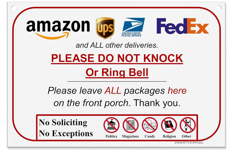 Leave Package Sign - No Knock or Doorbell Dog-Friendly 6x9 Sign Easy Mount Rust-Free PVC