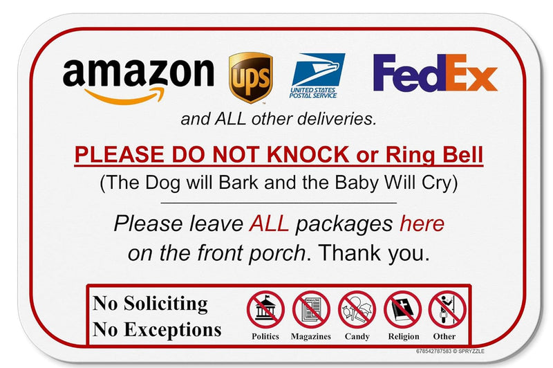 Leave Package Sign - No Knock or Doorbell Dog-Friendly 6x9 Sign Easy Mount Rust-Free PVC