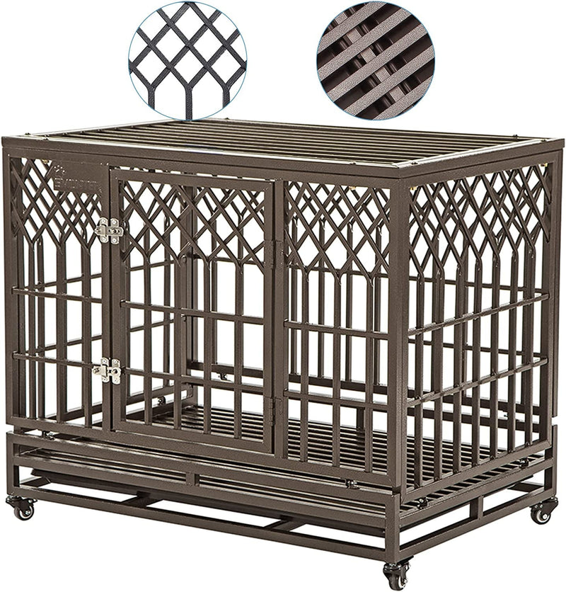 Heavy Duty Metal Dog Cage with Wheels Y Shape Brown - 38In Pet Kennel Crate Playpen