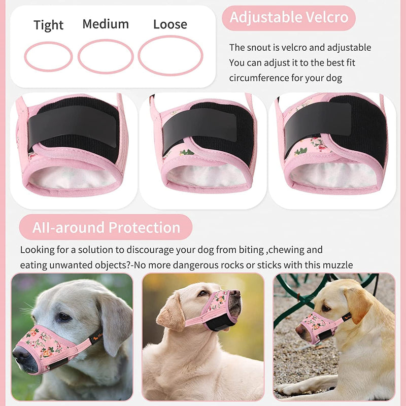 HEELE Dog Muzzle - Soft Nylon Air Mesh - Breathable  Adjustable - Pink Flowers - For Small Dogs