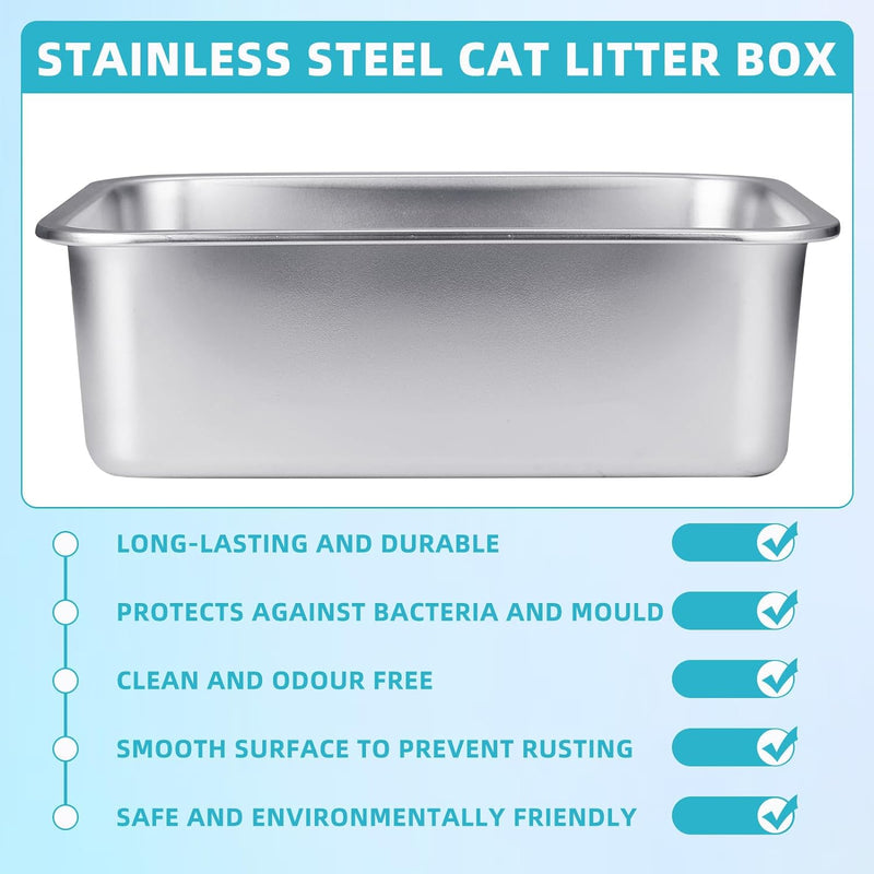 Zhehao 5 Set Stainless Steel Litter Box for Cat with 5 Cat Litter Scoops Rust Proof Metal Cat Box Extra Large Giant Metal Litter Box High Side Non Stick Smooth Surface Litter Box (24"l x 16"w x 6"h)