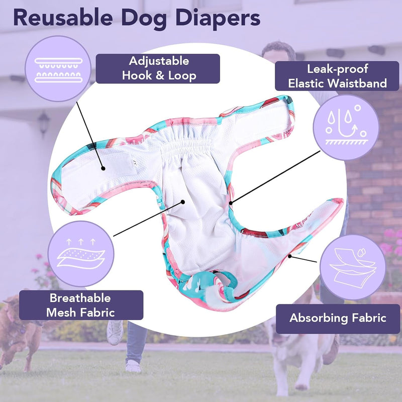 XPCARE Washable Female Dog Diapers (4 Pack) - Reusable Doggie Diapers with Adjustable Snaps, High Absorbency Leak-Proof Puppy Diapers for Female Dog in Heat, Period, Incontinence（S）
