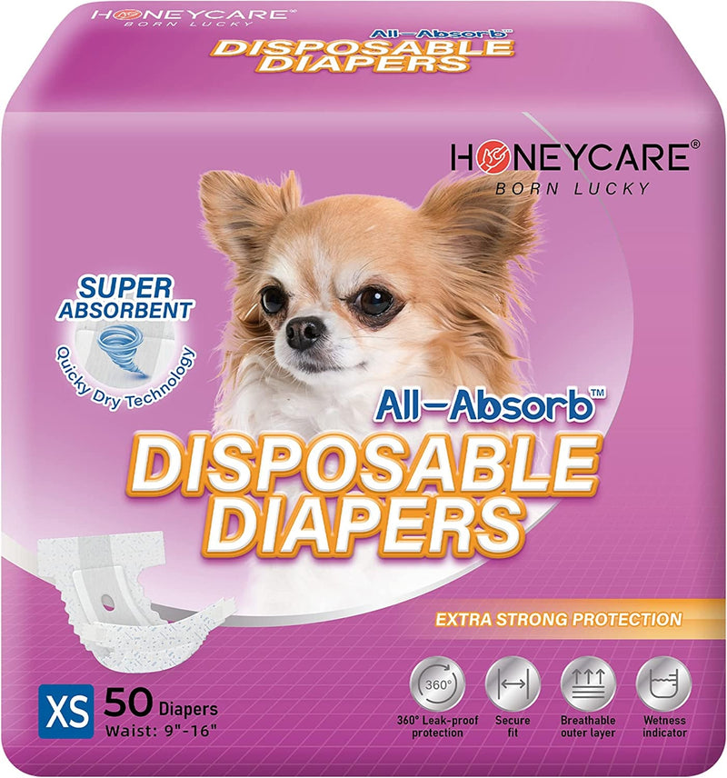 HONEY CARE All-Absorb Disposable Female Dog Diapers Extra Small Size, Improved, 50 Count, Super Absorbent, Breathable, Wetness Indicator