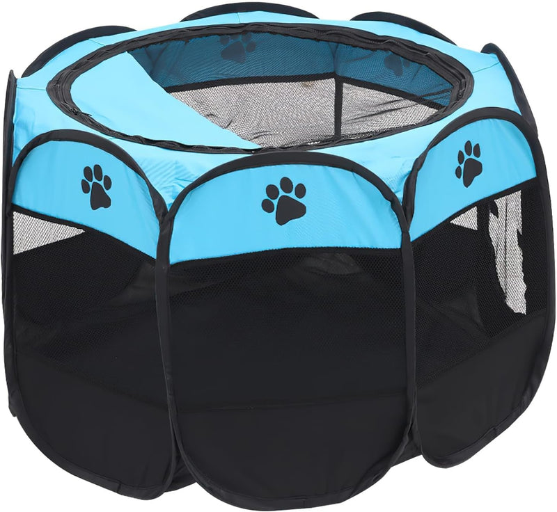 Folding Cat Playpen - Outdoor Tent with Zipper Top Cover for Kittens and Puppies Blue Small