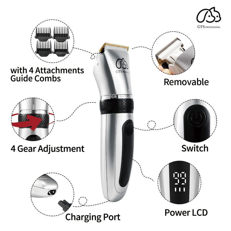 GTS Pet Clippers Professional Dog Grooming Kit Adjustable Low Noise High Power Rechargeable Cordless Pet Grooming Tools, Hair Trimmers for Dogs and Cats, Washable（Ipx5, with LED Display.