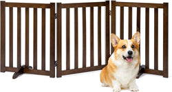 Freestanding Pet Gate - Tall Wood Safety Fence - Support Feet - 3 Panel Design - Walnut