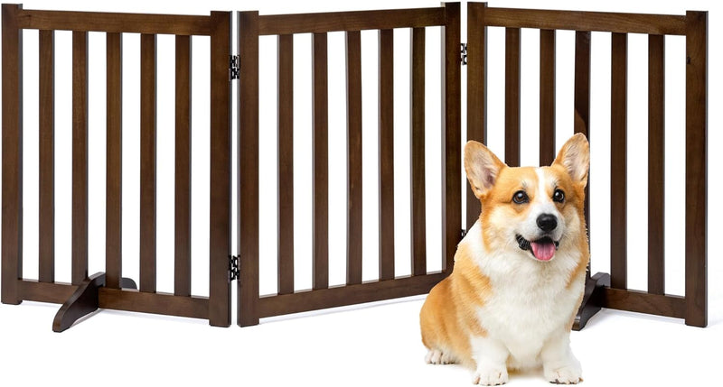 Freestanding Pet Gate - Tall Wood Safety Fence - Support Feet - 3 Panel Design - Walnut