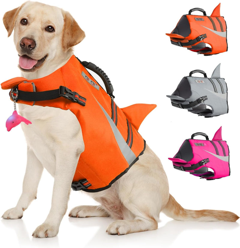 X-Large Dog Life Jacket with Reflective Stripes and Shark Float Coat for Swimming and Boating - For Small Medium and Large Dogs