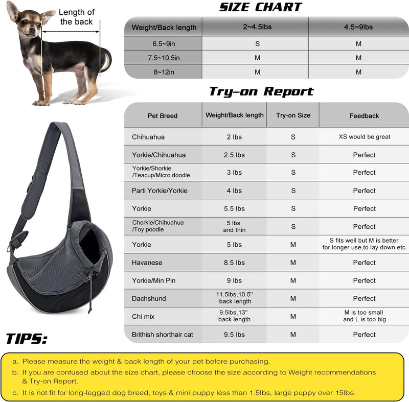 WOYYHO Pet Dog Sling Carrier Adjustable Strap, Zipper Opening Can Soothe Pets, Free Hands Puppy Sling Bag with Safety Leash, Small Dog Crossbody Bag for Outdoor Travel (S (up to 4.5 lbs), Black)