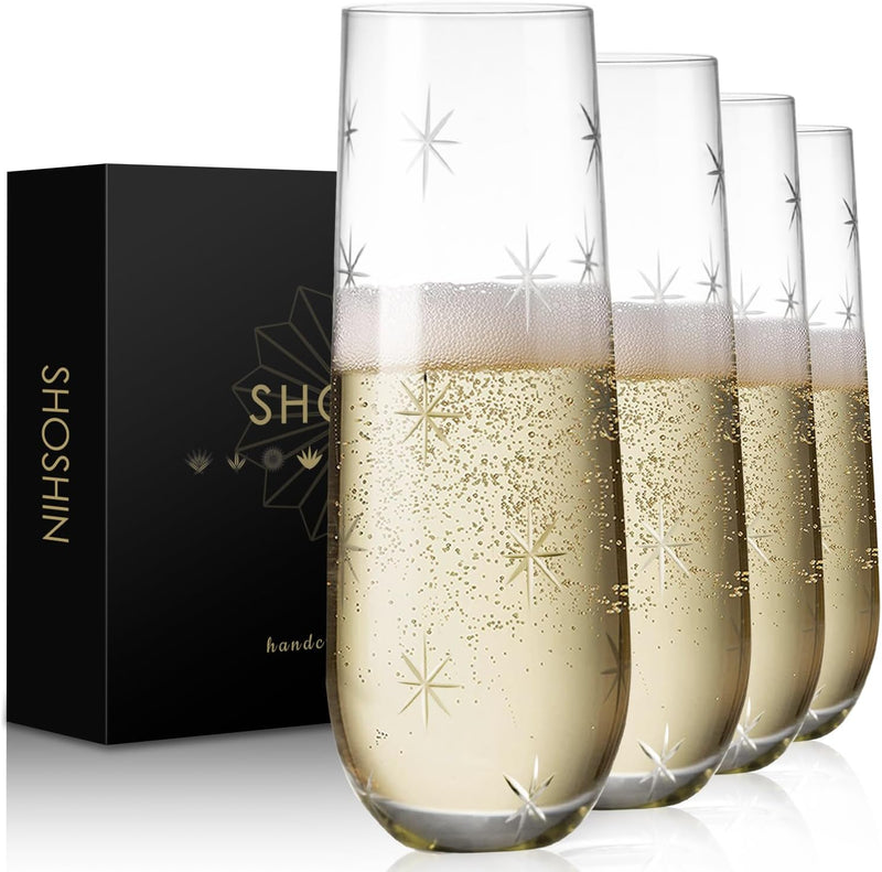 SHOSHIN Stemless Champagne Flutes, Hand Made, Set of 4, Toasting champagne glasses, Wedding Party Cocktail Cups, Wine Flute, Mimosa Glasses Set, Water Glasses, Highball Glass, 9.5oz