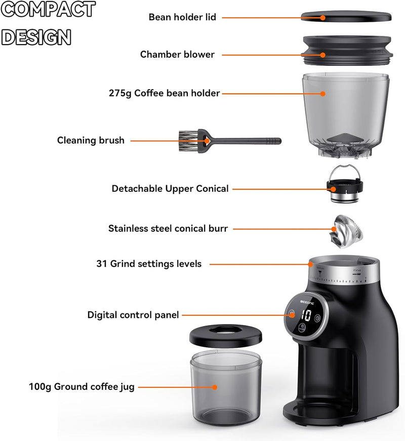 BEEONE Conical Burr Coffee Grinder with Digital Control, Espresso Grinder with 31 Precise Settings for 1-10 Cups, Coffee Grinder Electric with Time Display and Countdown Display, Black