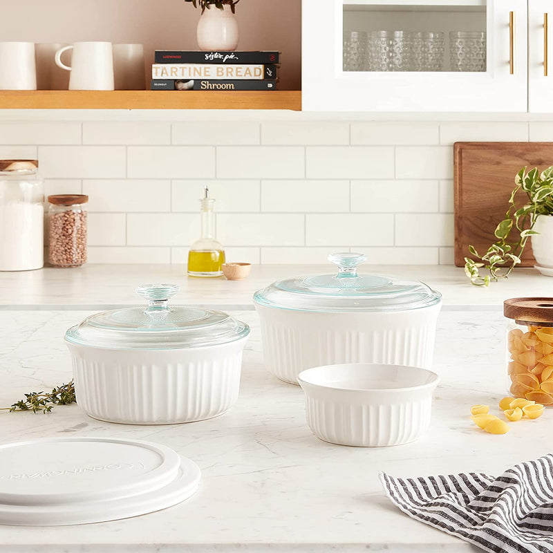 CorningWare French White 7-Pc Ceramic Bakeware Set with Lids, Chip and Crack Resistant Stoneware Baking Dish, Microwave, Dishwasher, Oven, Freezer and Fridge Safe