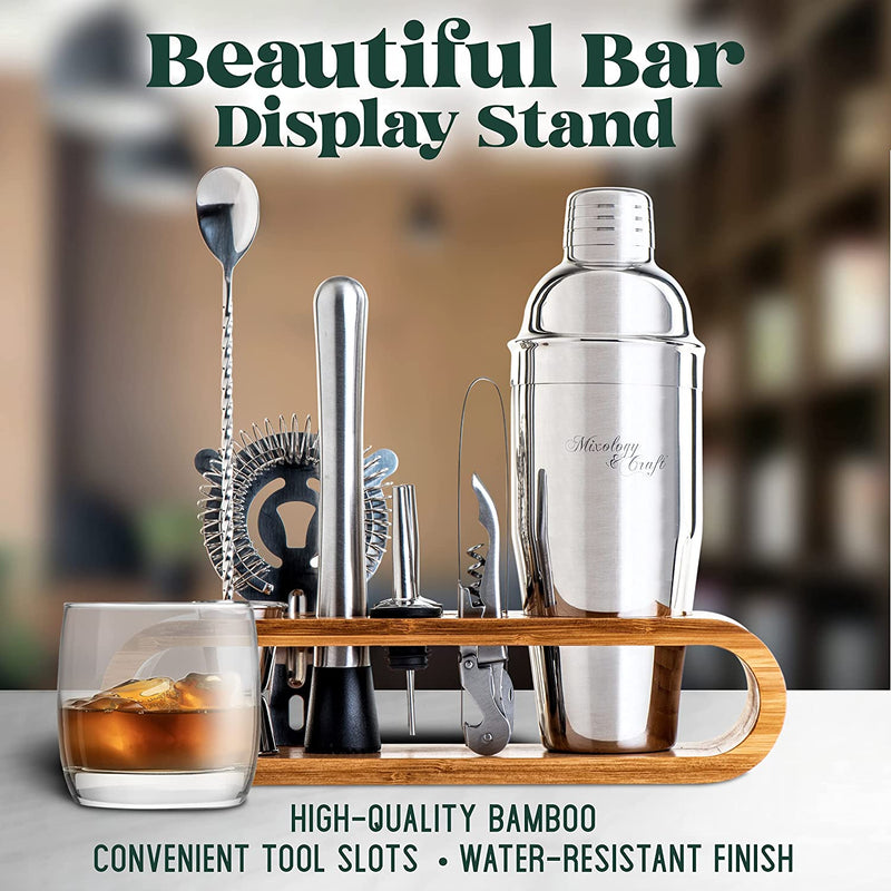 Mixology Bartender Kit: 10-Piece Bar Tool Set with Bamboo Stand | Perfect Home Bartending Kit and Martini Cocktail Shaker Set for a Perfect Drink Mixing Experience | Fun Housewarming Gift (Silver)