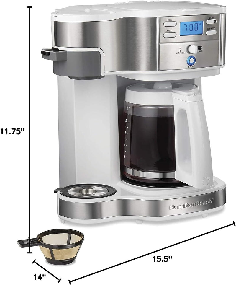 Hamilton Beach 49933 2-Way 12 Cup Programmable Drip Coffee Maker & Single Serve Machine, Glass Carafe, Auto Pause and Pour, White