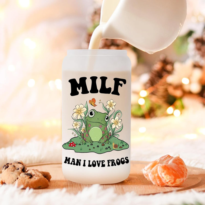 Fairy's Gift Cute Frog Cup, Iced Coffee Cup, Frosted Glass Cup w/Bamboo Lid & Straw - Man I Love Frogs - Frog Themed Christmas, Frog Gifts for Women, Mom, Wife, Pregnant Friend, Girlfriend