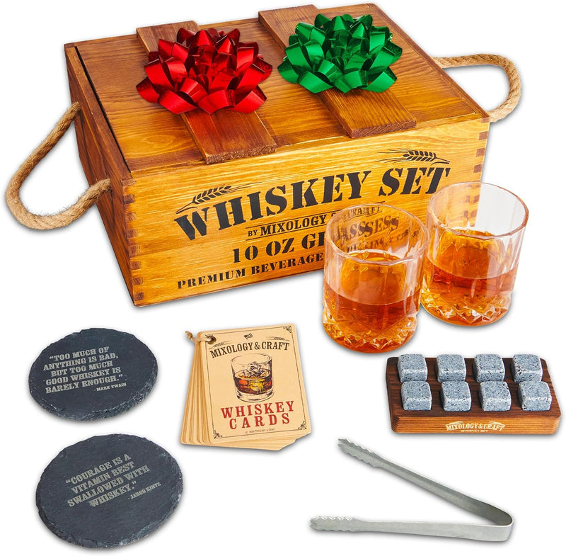 Mixology & Craft Whiskey Stones Gift Set for Men - 2 Glasses, 8 Chilling Rocks & Wooden Box - Whiskey Glass Gift Sets - Jameson Dark Brown