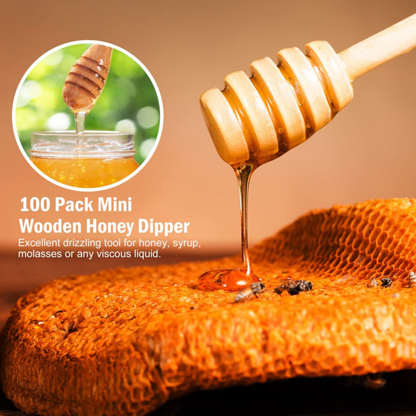 WEFOO 100 Pack Mini 3 Inch Portable Wooden Honey Dipper Sticks for Honey Jar Dispense Drizzle Honey, Wedding Party Favors