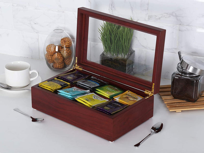 Apace Living Tea Box - Luxury Wooden Tea Storage Chest from The Premier Collection - 8 Adjustable Compartment Tea Bags Organizer Container - Elegantly Handmade w/Scratch Resistant Window