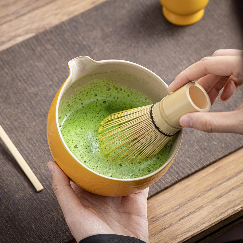 TEANAGOO Japanese Tea Set (7pcs) Matcha Whisk Set Matcha Bowl with Pouring Spout Bamboo Matcha Whisk (Chasen) Scoop (chashaku) Matcha Whisk Holder Tea Making Kit. N18,Orange, Matcha Green Tea Powder