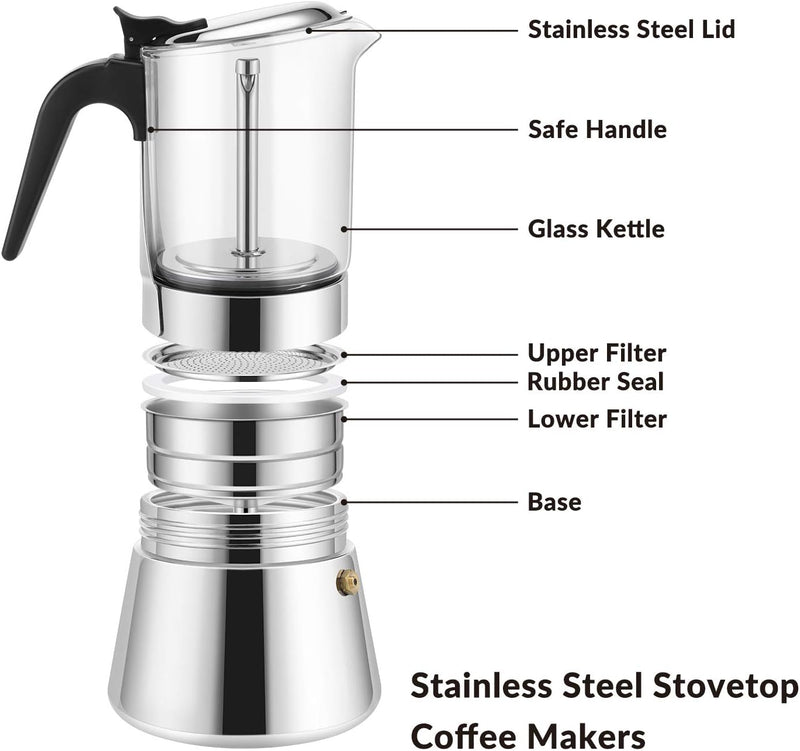 GEESTA Premium Crystal Glass-Top Stovetop Espresso Moka Pot - 4 / 6/ 9 Cups - Stainless Steel Coffee Maker- 160ml/5.6oz/4 cup (esHimpresso cup=40ml)- Valentines Day Gifts