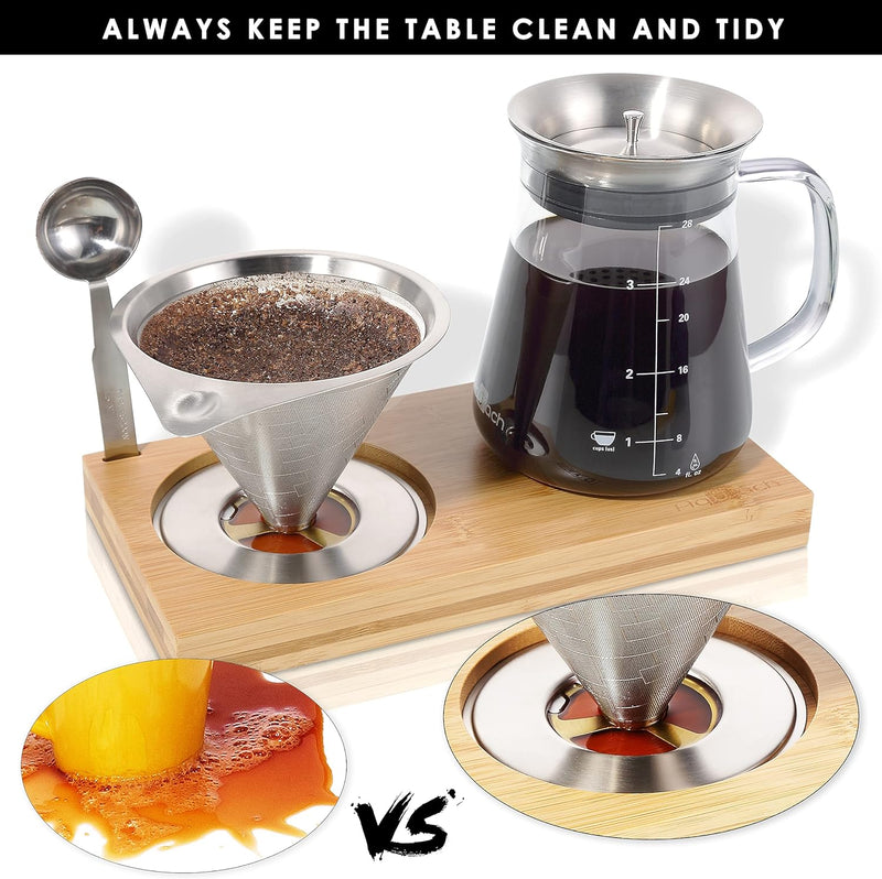 Aquach Pour Over Coffee Maker Set with Extra Large Coffee Dripper, 28 oz Glass Carafe, Stainlesss Steel Coffee Scoop and Bamboo Storage Tray, Unique Set for Home or Office