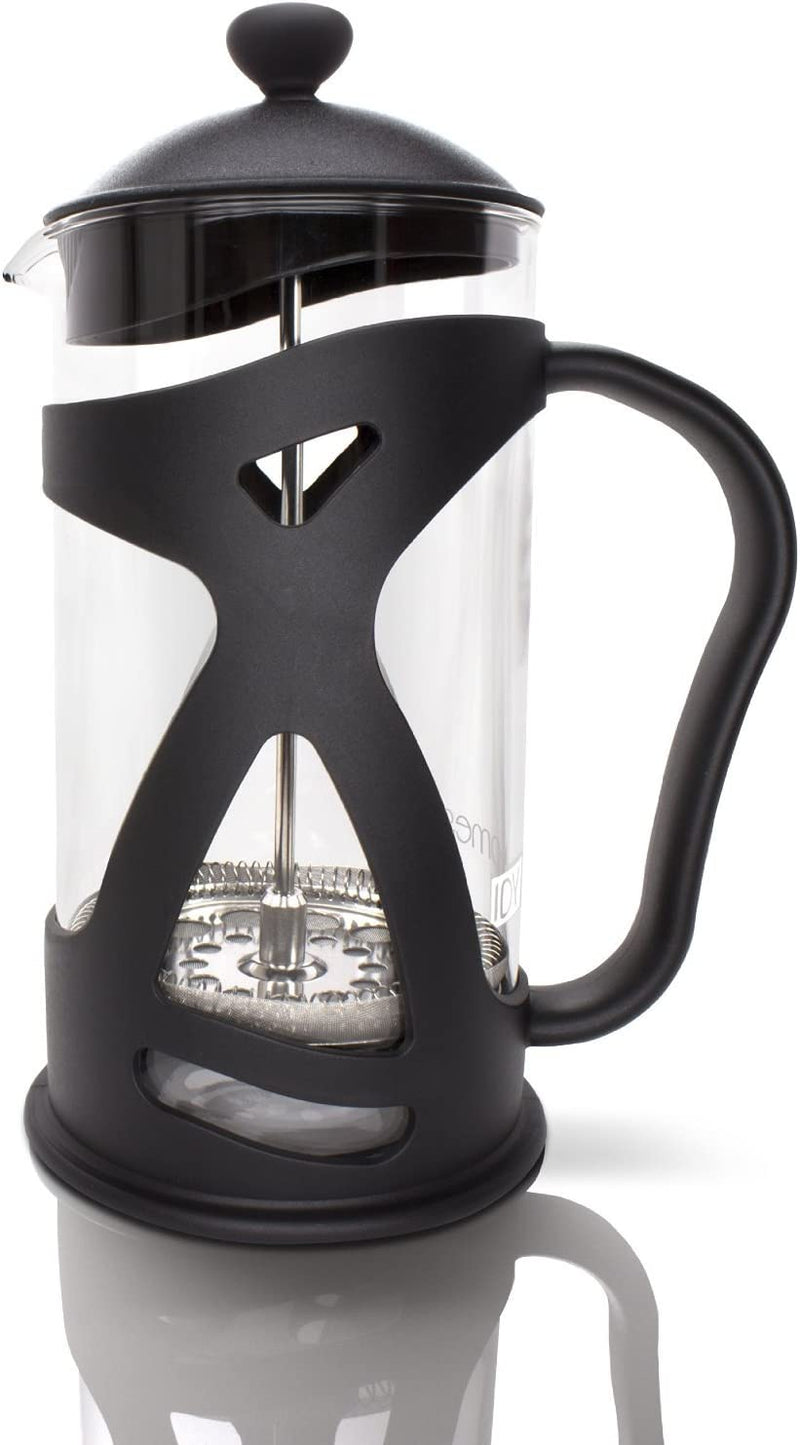 KONA French Press Coffee Press Maker With Reusable Stainless Steel Filter, Large Comfortable Handle & Glass Protecting Durable Black Shell