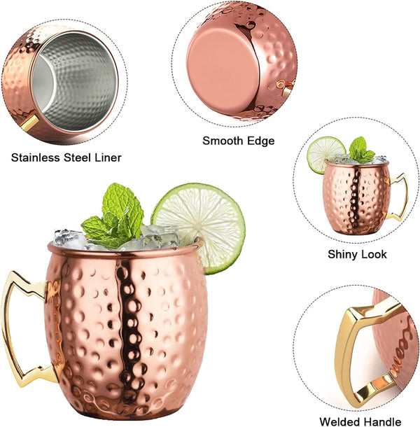 LIVEHITOP Moscow Mule Copper Mugs Set of 2, Copper Cups 19.5 Oz Cocktail Kit with Straw Coaster for Wine, Beer, Cold Drink, Bar, Party, Gifts