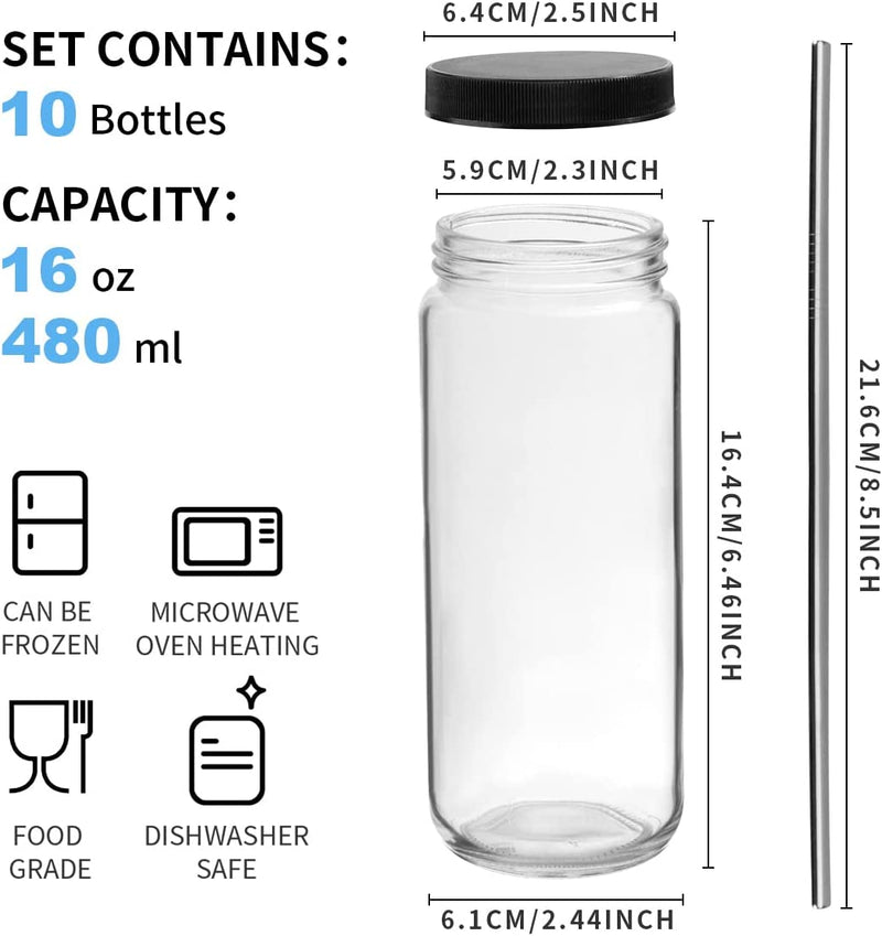 Ruckae 16oz 10 Pack Juice Bottles, Glass Bottles Juicing with Lids, Smoothie Cup Lids and Straws, Water Bottle Mason Jar Drinking Glasses for Juicing, Smoothies, Kombucha