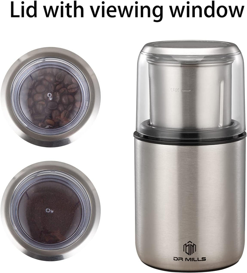 DR MILLS DM-7452 Electric Coffee Grinder,Spice Grinder Electric and chopper,detachable cup,Grinder diswash free, Blade & cup made with SUS304 stianlees steel