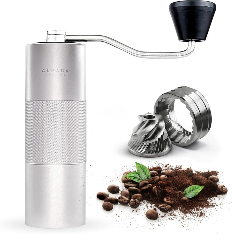 Manual Coffee Grinder by Alpaca Ventures - Stainless Steel Conical Burr Coffee Grinder Manual with Adjustable Setting Double Bearing Hand Espresso Grinder Perfect for Home, Office, and Camping