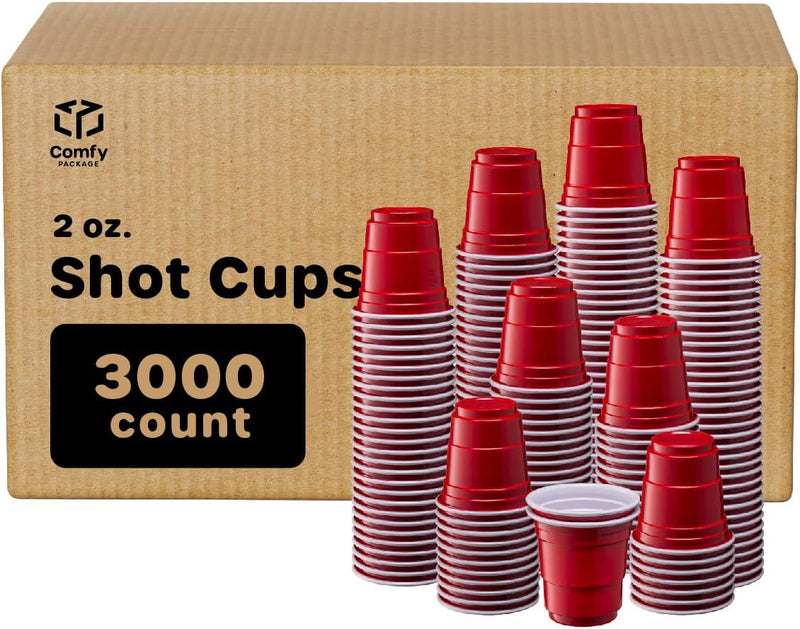 Comfy Package [300 Count 2 oz. Mini Plastic Shot Glasses - Red Disposable Jello Shot Cups