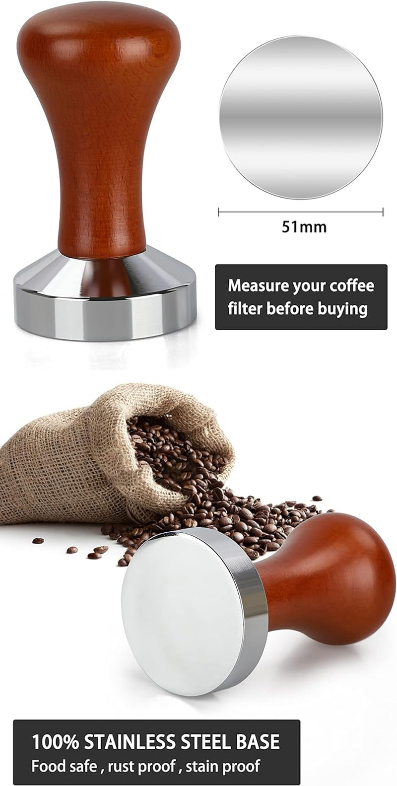 51mm Espresso Tamper-Premium Barista Coffee Tamper Coffee Tamper Classic Series Stainless Steel Espresso Tamper Coffee Press Tool Tamper Espresso Handle, 90x51mm, Solid wood, Stainless steel