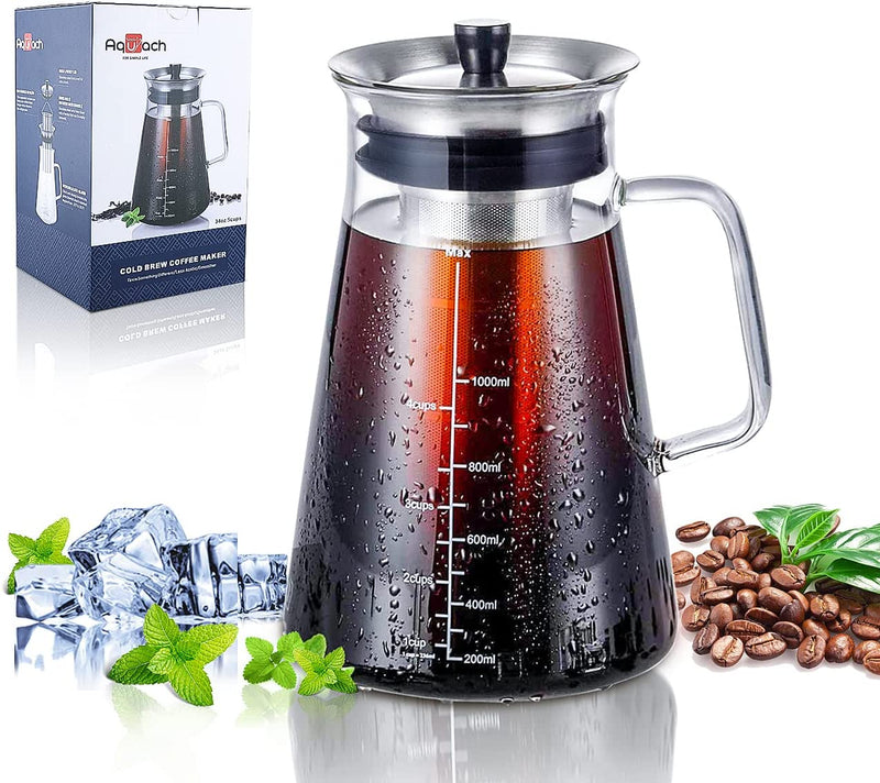 Aquach Cold Brew Coffee Iced Tea Maker & Fruit Pitcher - Large Capacity 51 Ounces - with Durable Glass Carafe/Fine Mesh Steel Infuser/Airtight Lid